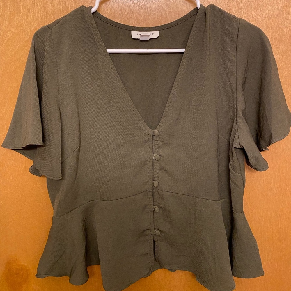 Topshop, US 6. Olive green v neck flowy shirt.